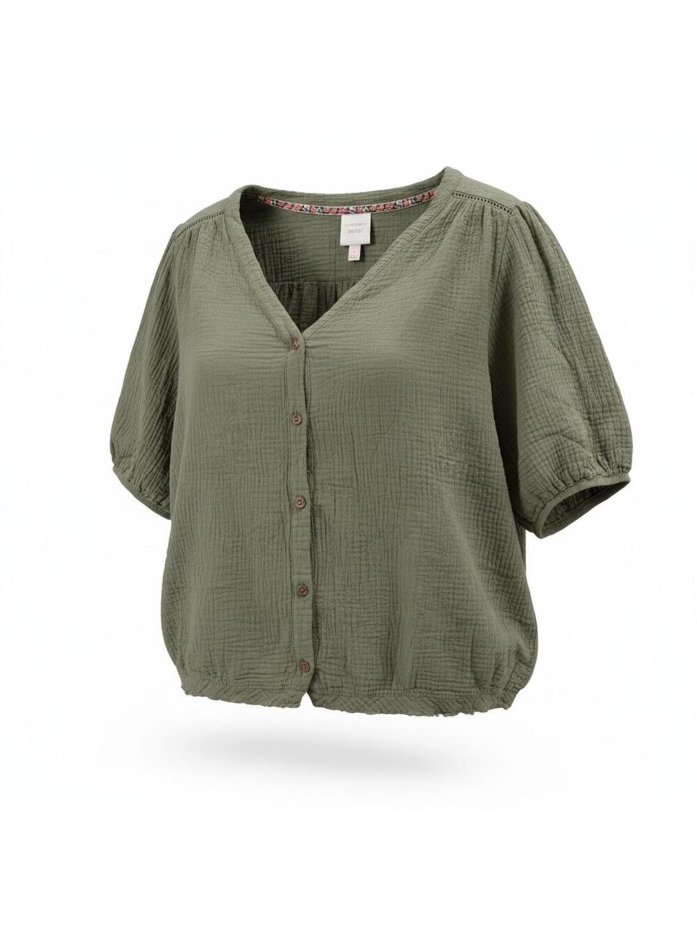Gauze Button Down L Olive Breathable Blouse Boho Cottage